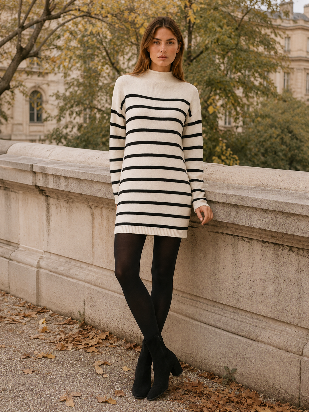 Ondine | Jumper Dress with Mock Neck and Stripe Design