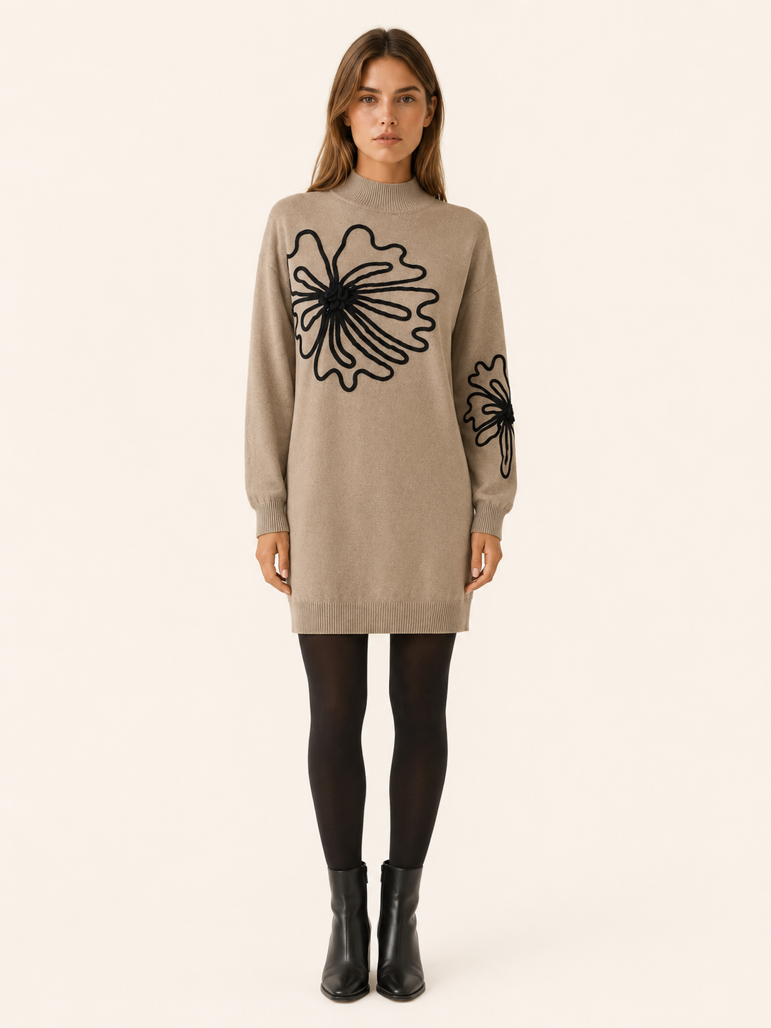 Orelvane | Sweater Dress with Floral Detail and Mock Neck