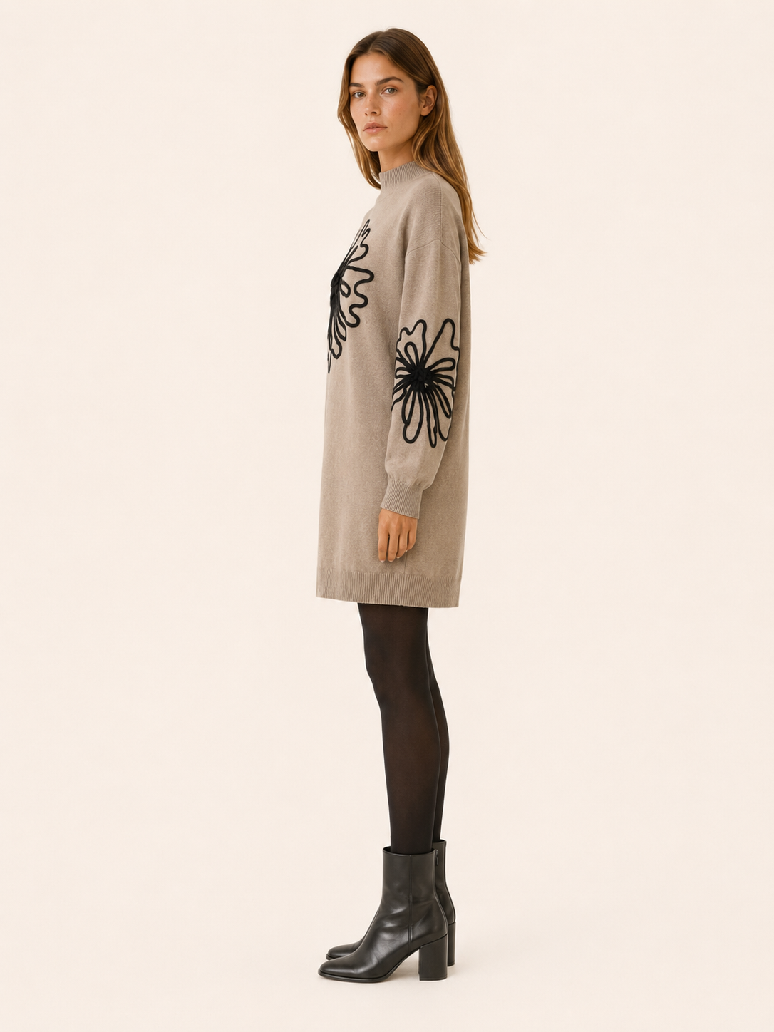 Orelvane | Sweater Dress with Floral Detail and Mock Neck