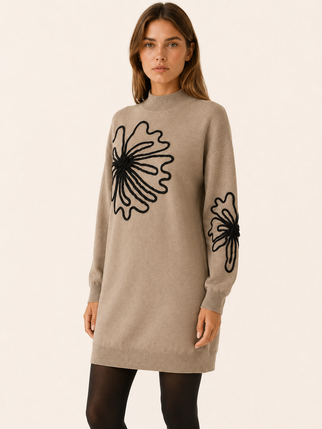 Orelvane | Sweater Dress with Floral Detail and Mock Neck