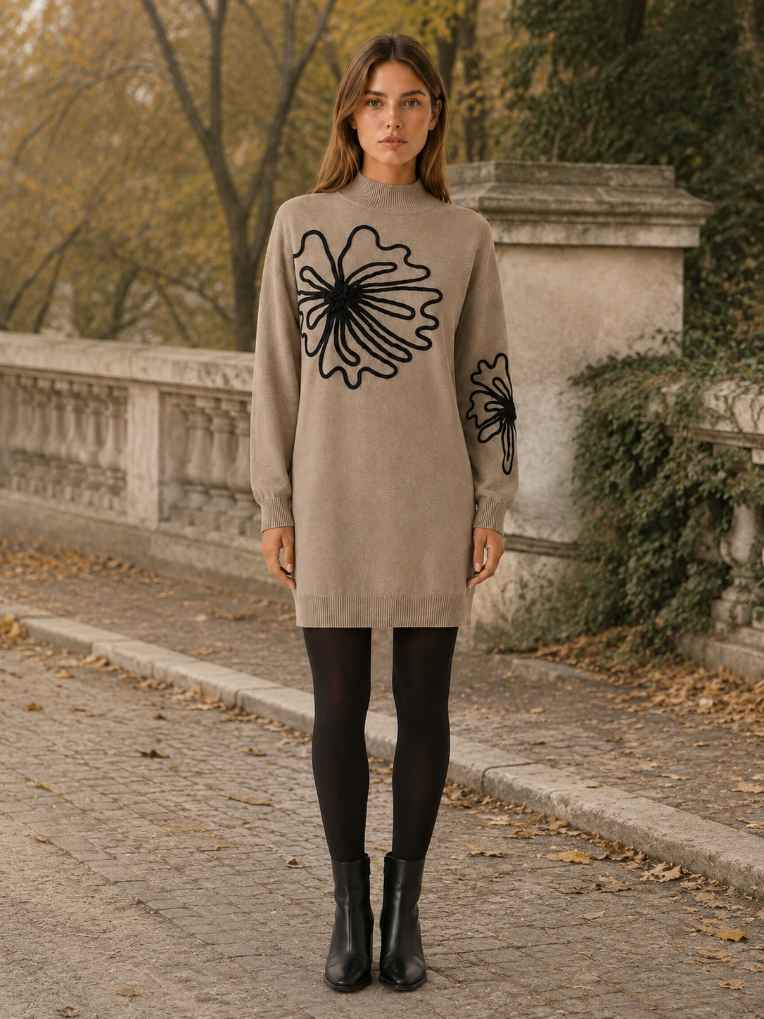Orelvane | Sweater Dress with Floral Detail and Mock Neck