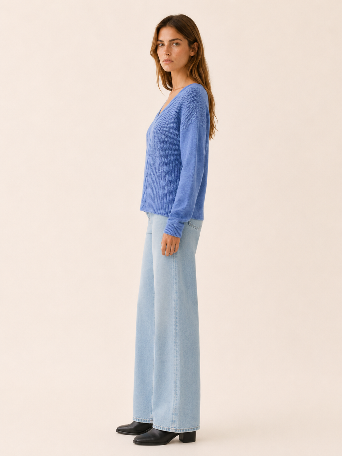 Orivessa | V Neck Jumper with Textured Panels and Relaxed Fit