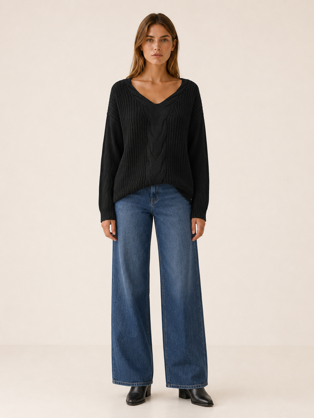 Orivessa | V Neck Jumper with Textured Panels and Relaxed Fit
