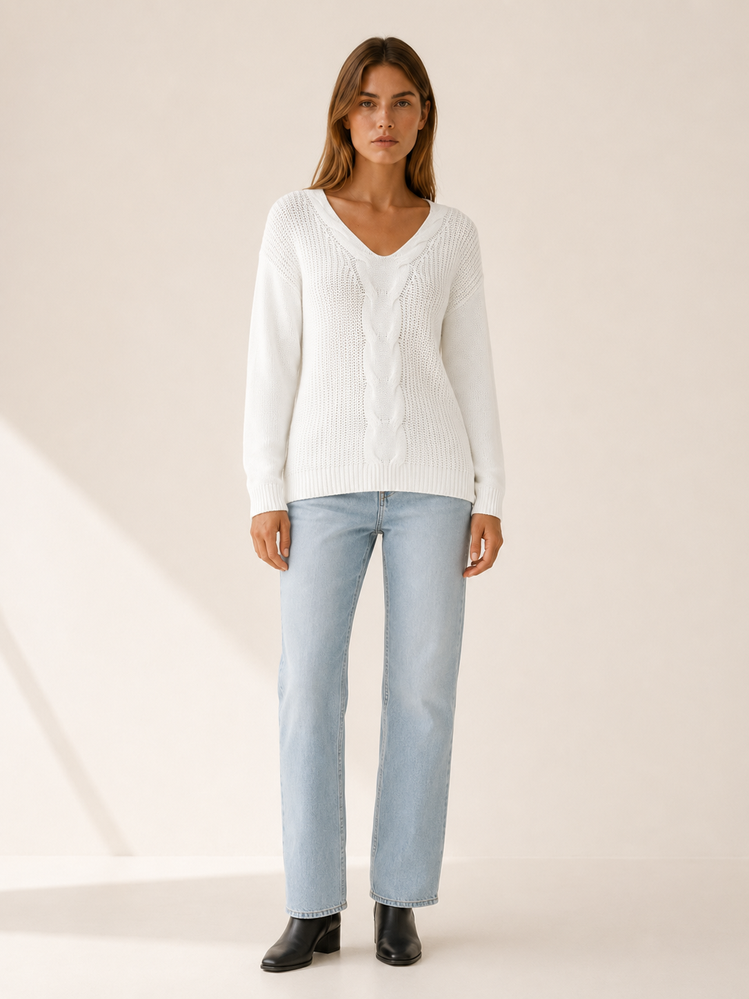 Orivessa | V Neck Jumper with Textured Panels and Relaxed Fit