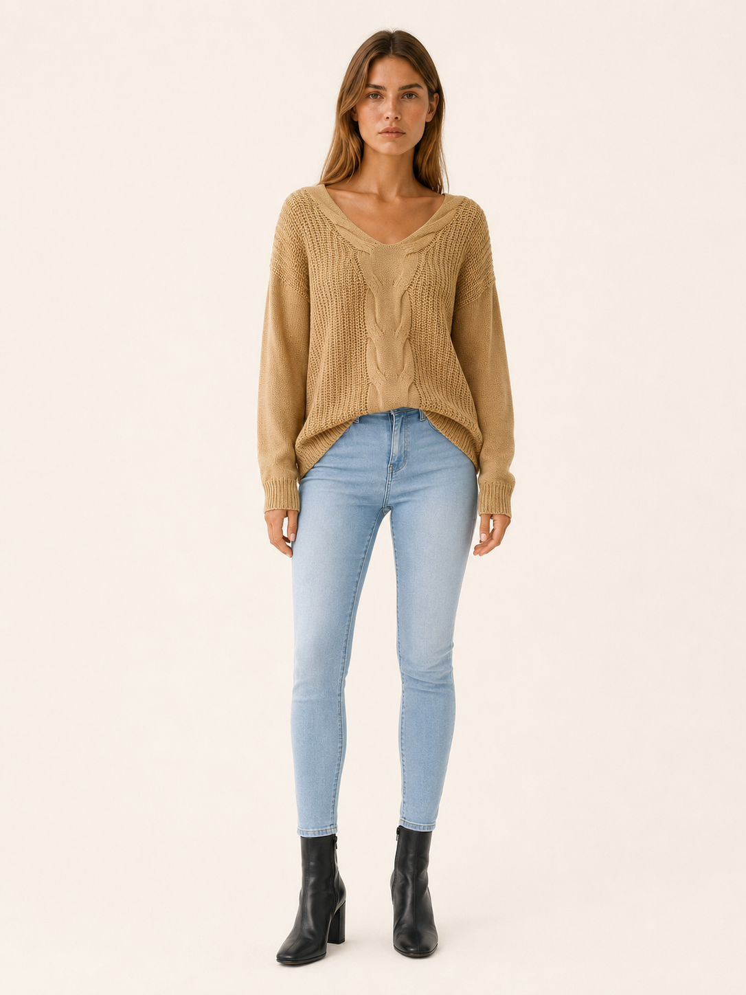 Orivessa | V Neck Jumper with Textured Panels and Relaxed Fit