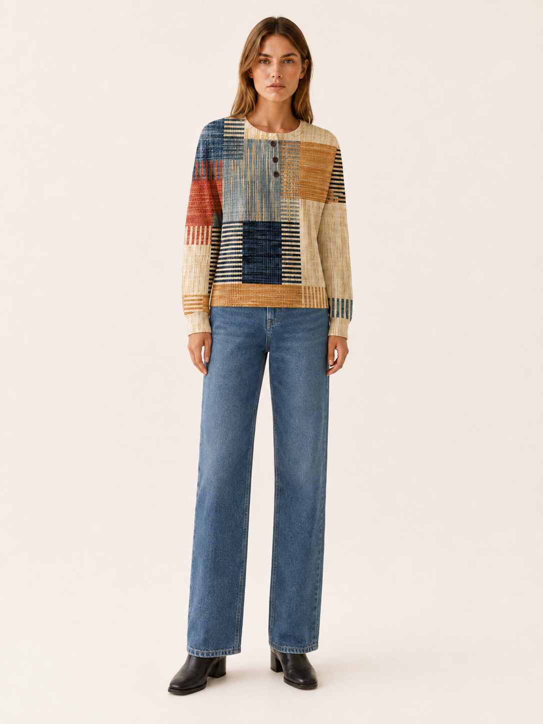 Orlissia | Women's Patchwork Button Neck Jumper
