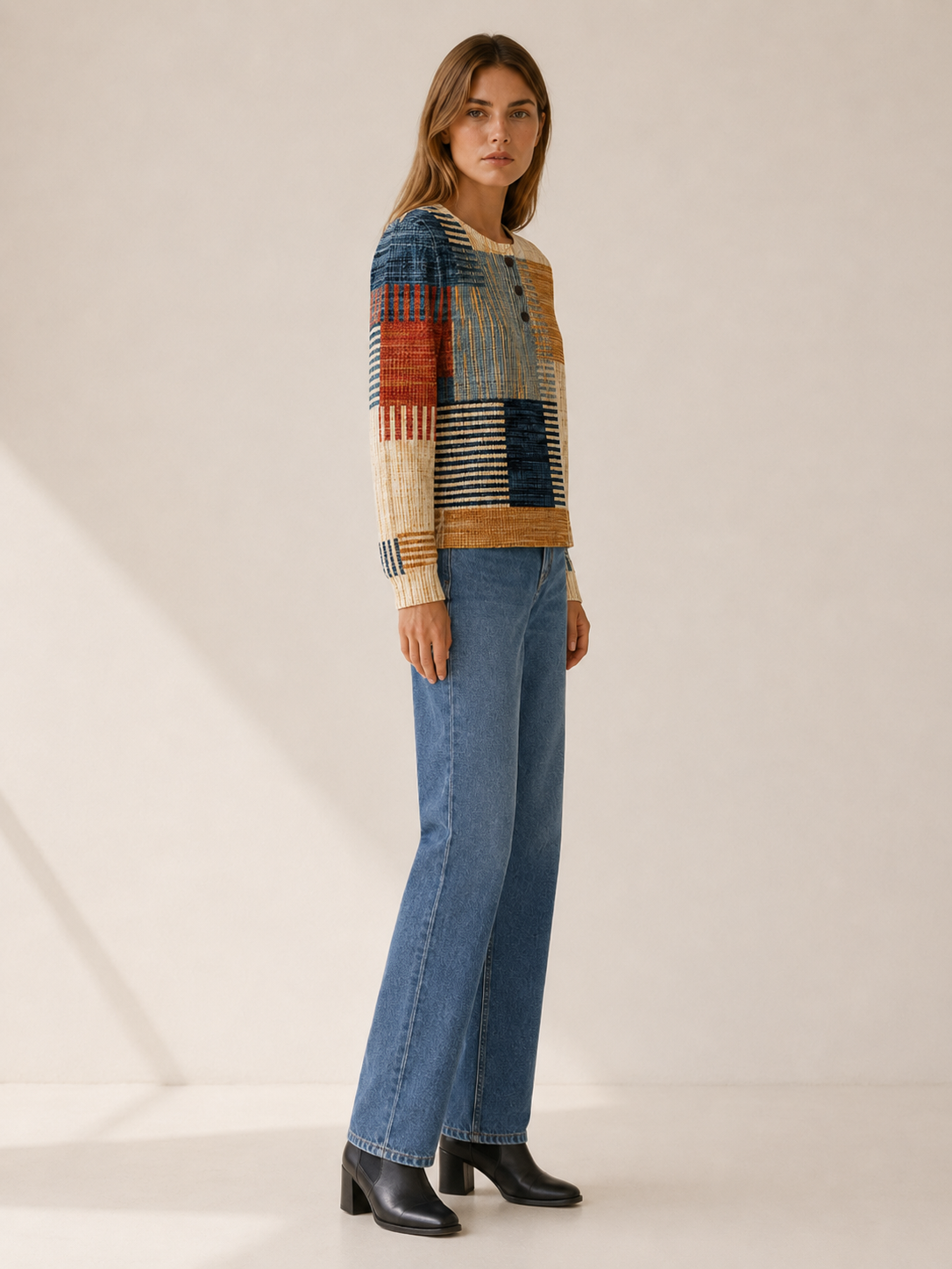Orlissia | Women's Patchwork Button Neck Jumper