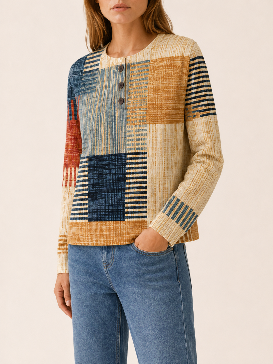 Orlissia | Women's Patchwork Button Neck Jumper