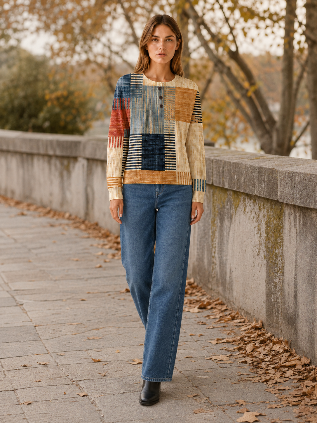 Orlissia | Women's Patchwork Button Neck Jumper