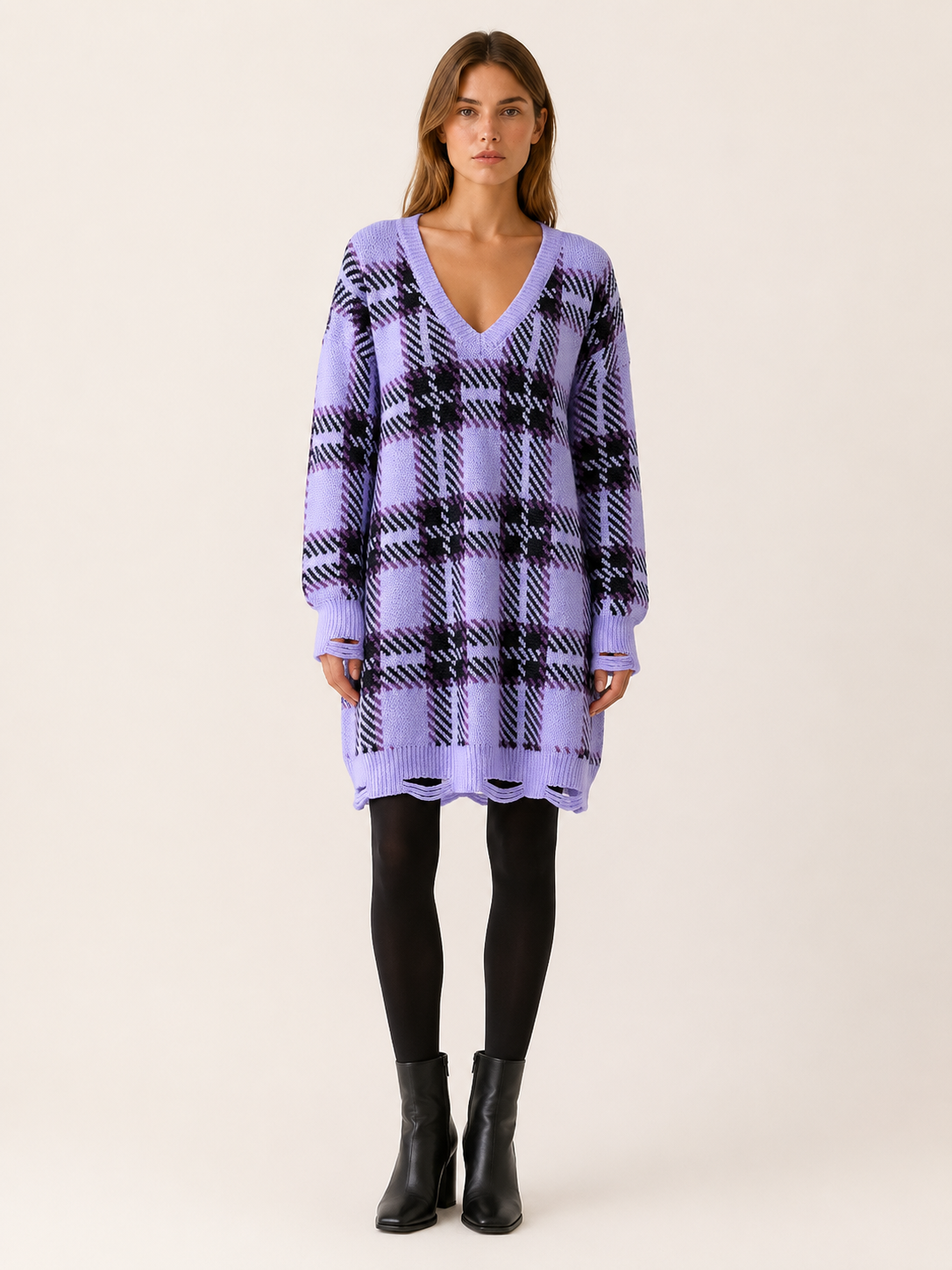 Oryssia | Jumper Dress with Check Pattern and Distressed Hem