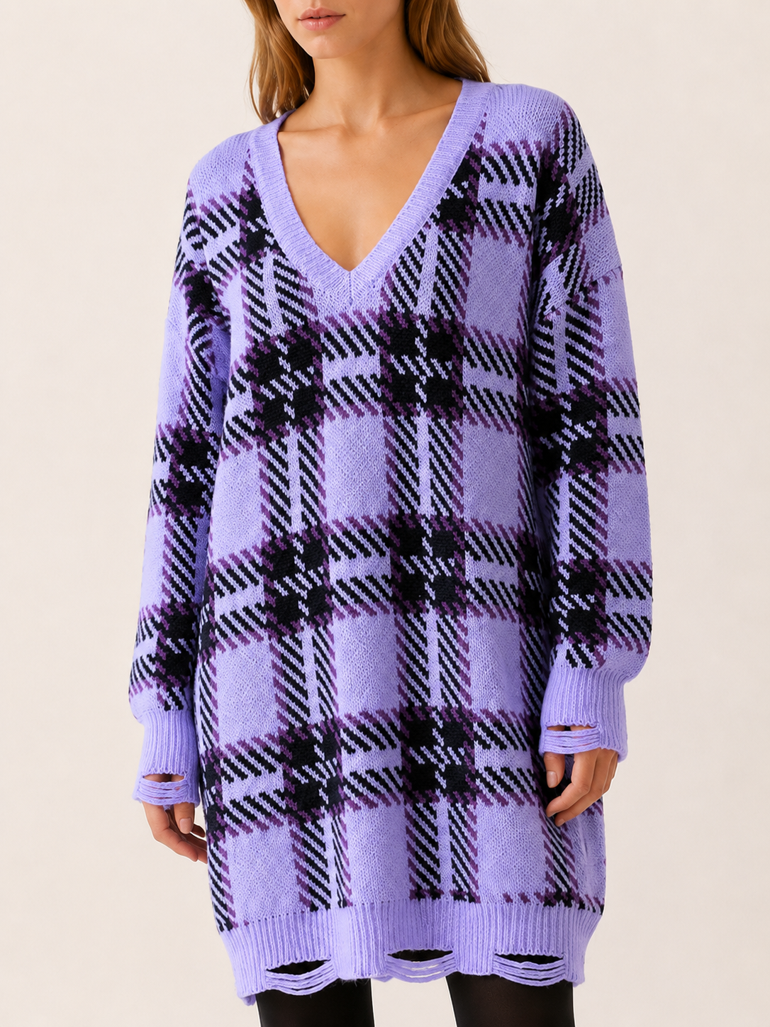 Oryssia | Jumper Dress with Check Pattern and Distressed Hem