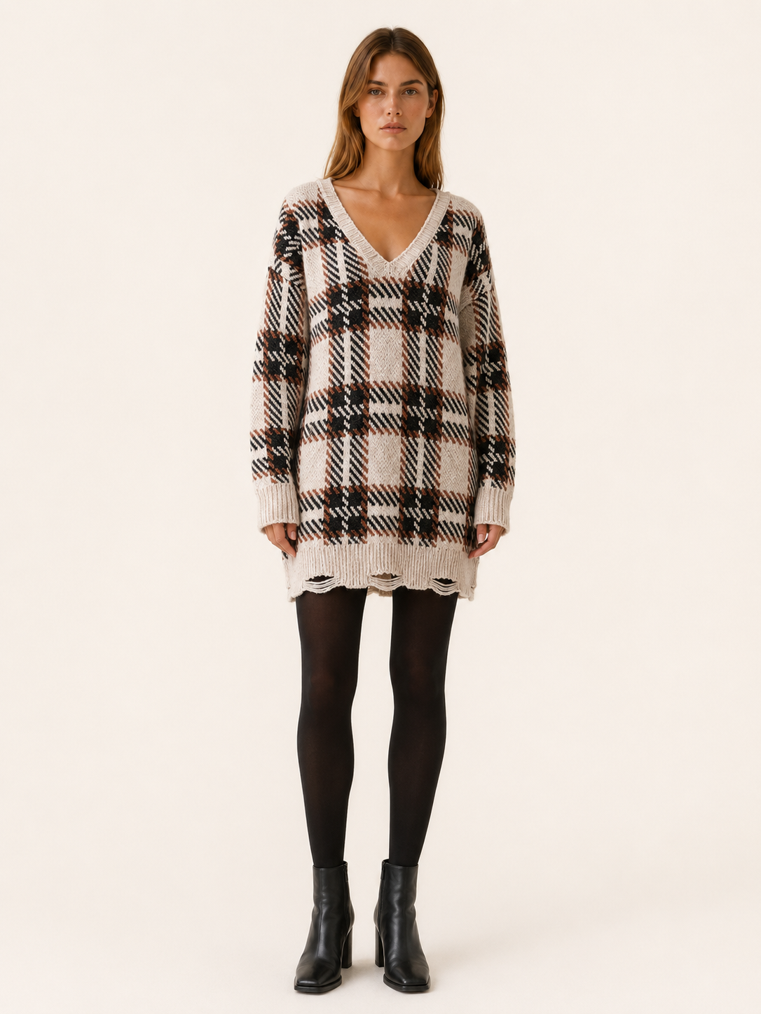 Oryssia | Jumper Dress with Check Pattern and Distressed Hem