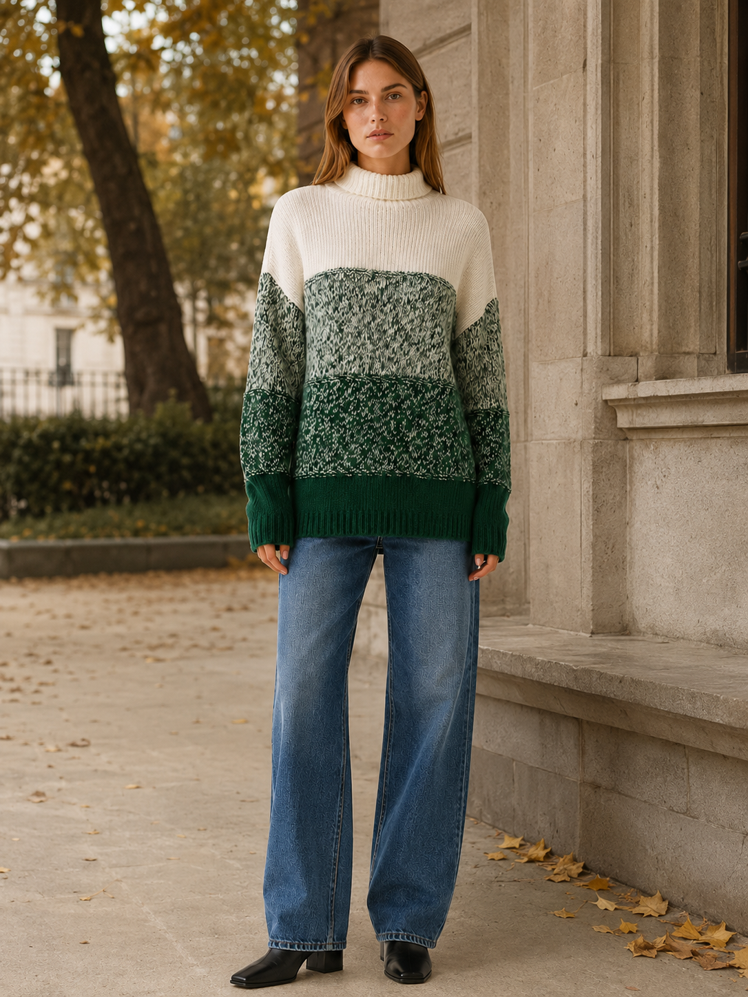 Ostrelia | Crew Neck Sweater with Textured Panels and Relaxed Fit
