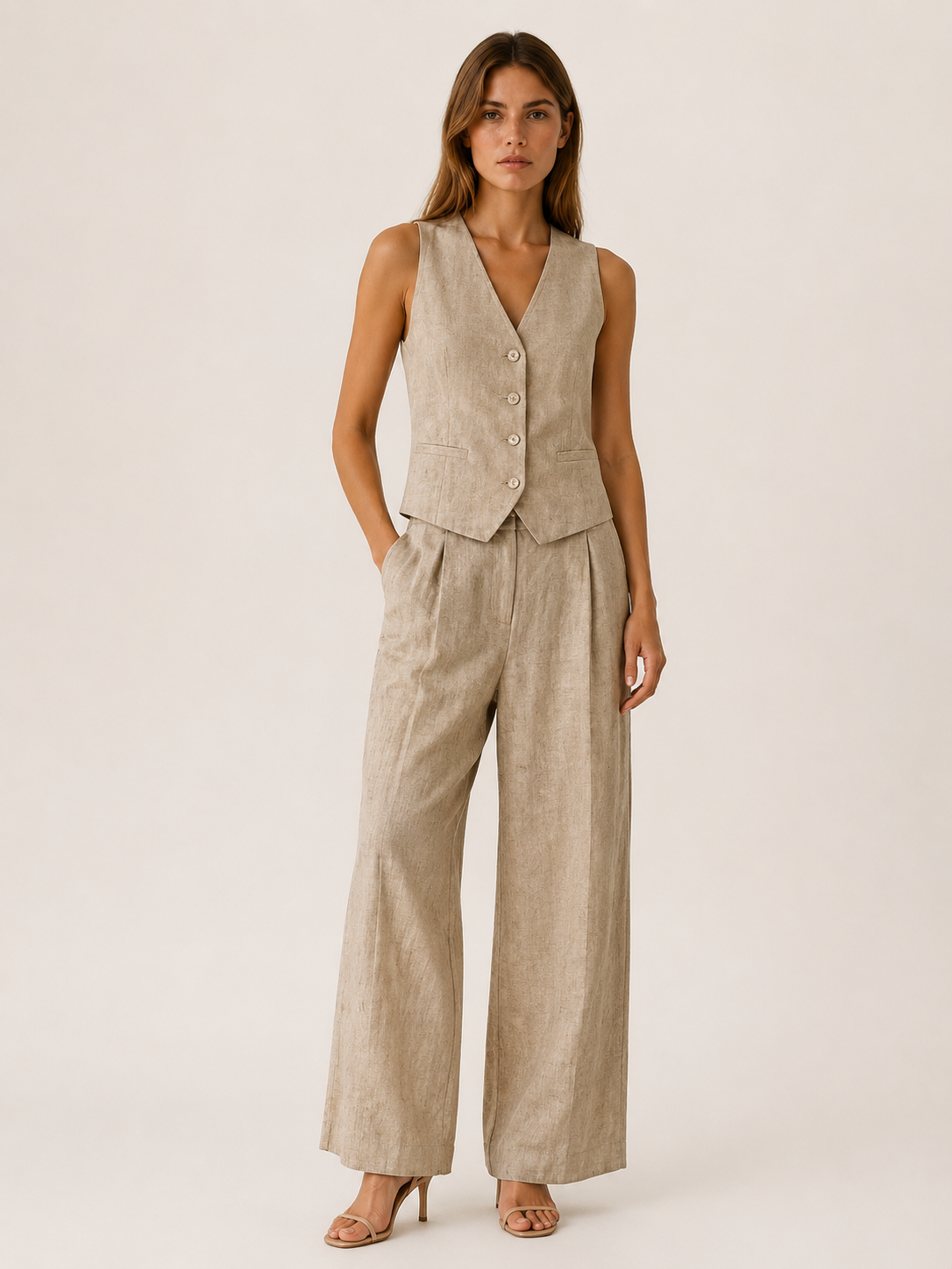 Woman wearing a beige vest and wide-leg pants on a white background