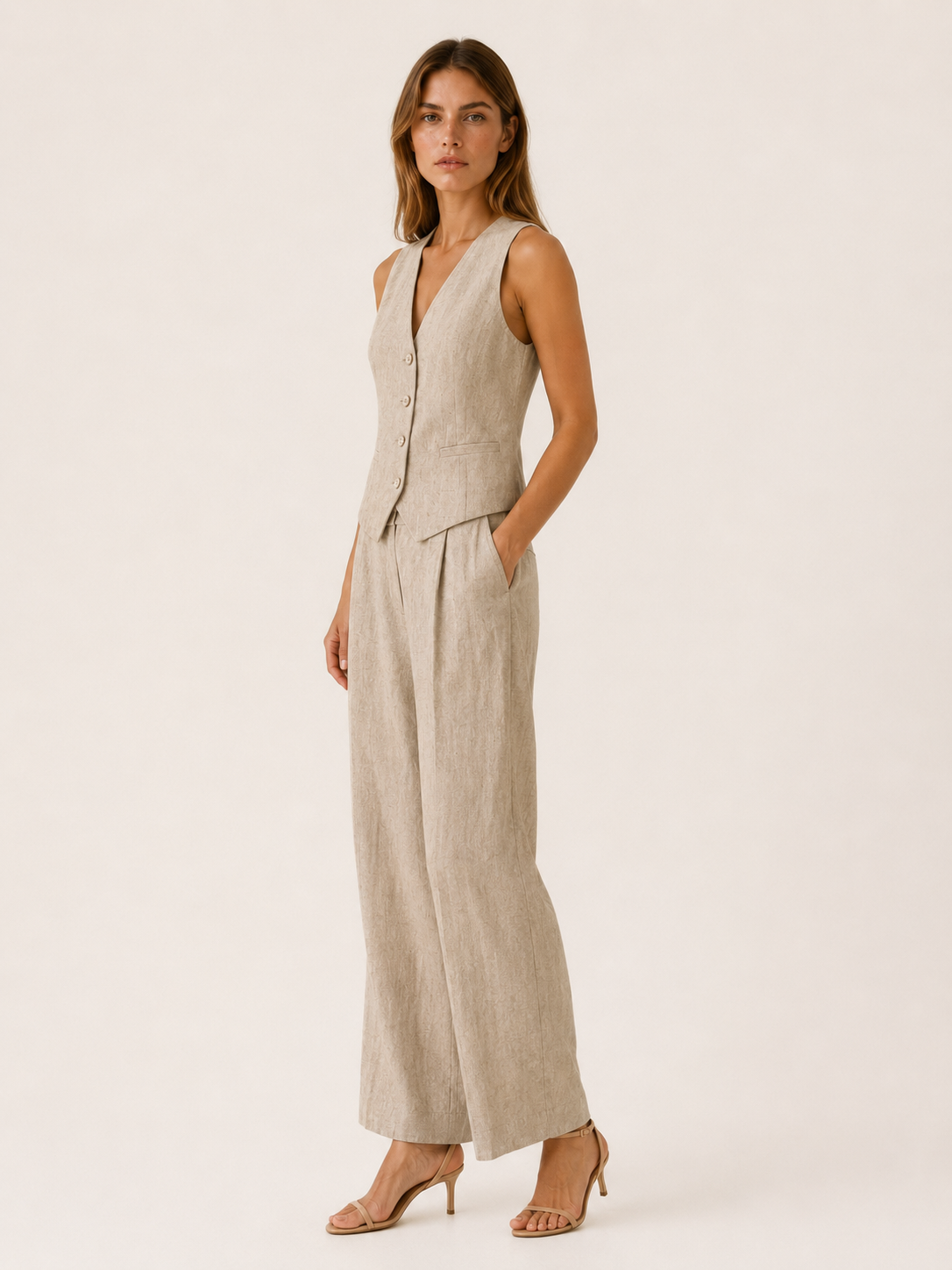 Woman wearing a beige vest and wide-leg pants on a white background
