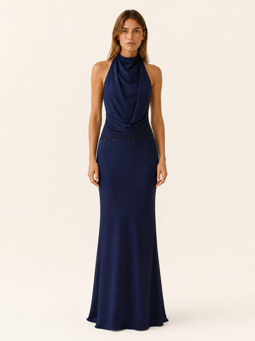 Pavia | Satin Maxi Dress with Halter Neck Draped Front