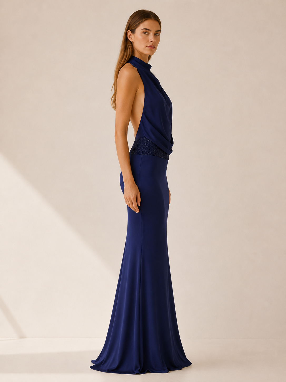 Pavia | Satin Maxi Dress with Halter Neck Draped Front