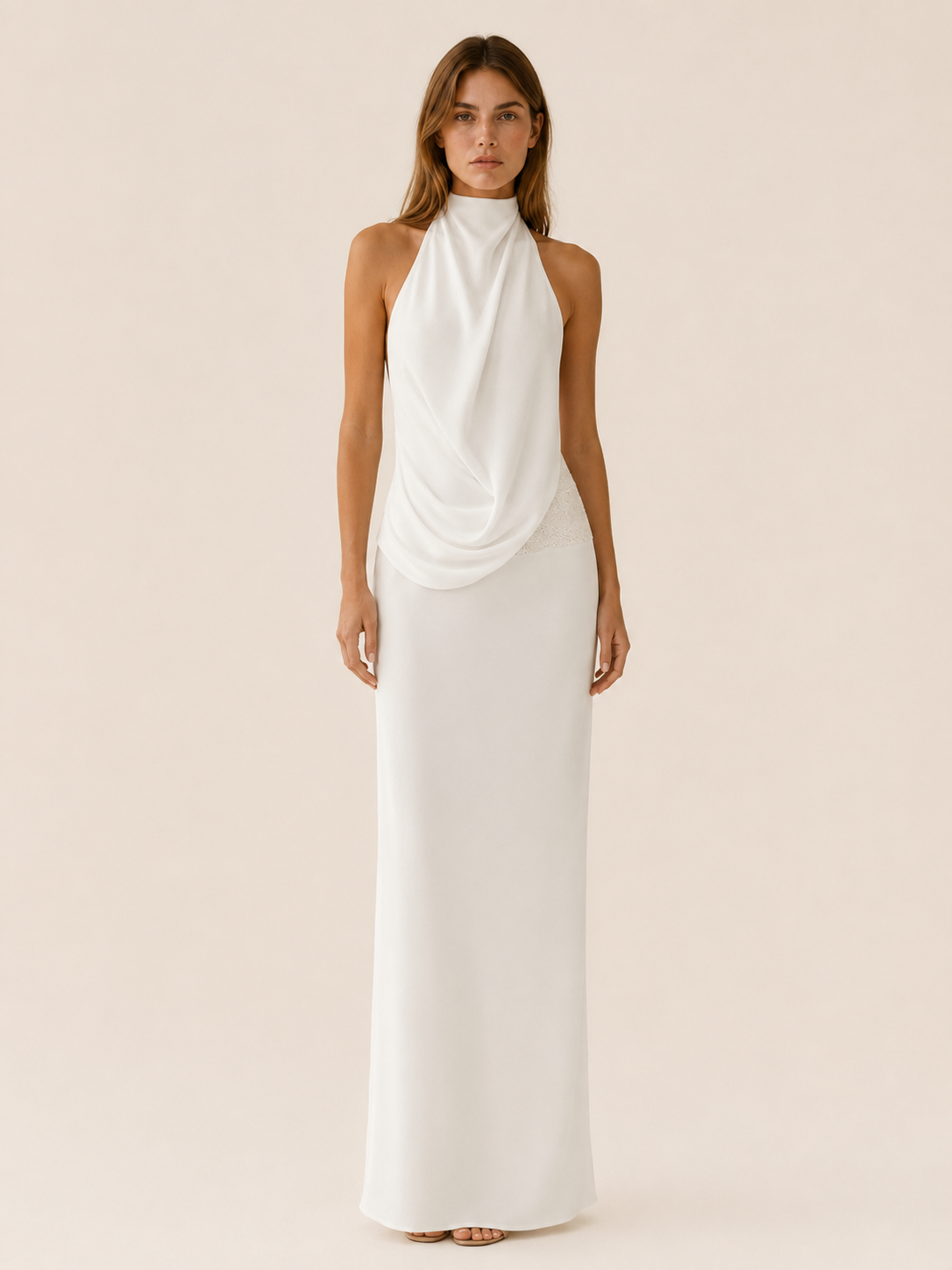 Pavia | Satin Maxi Dress with Halter Neck Draped Front