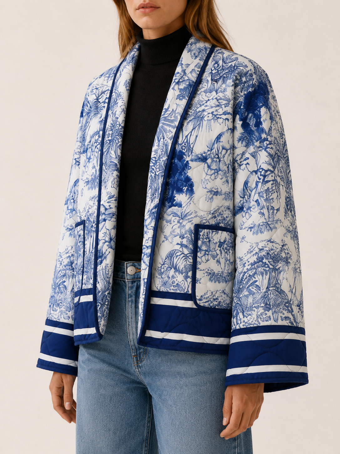Pavressa | Quilted Jacket with Floral Print and Open Front