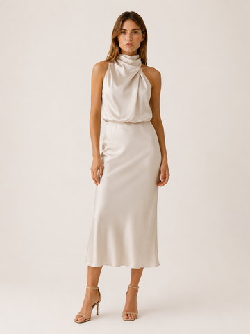 Perrine | Satin Midi Dress with High Neck and Draped Front