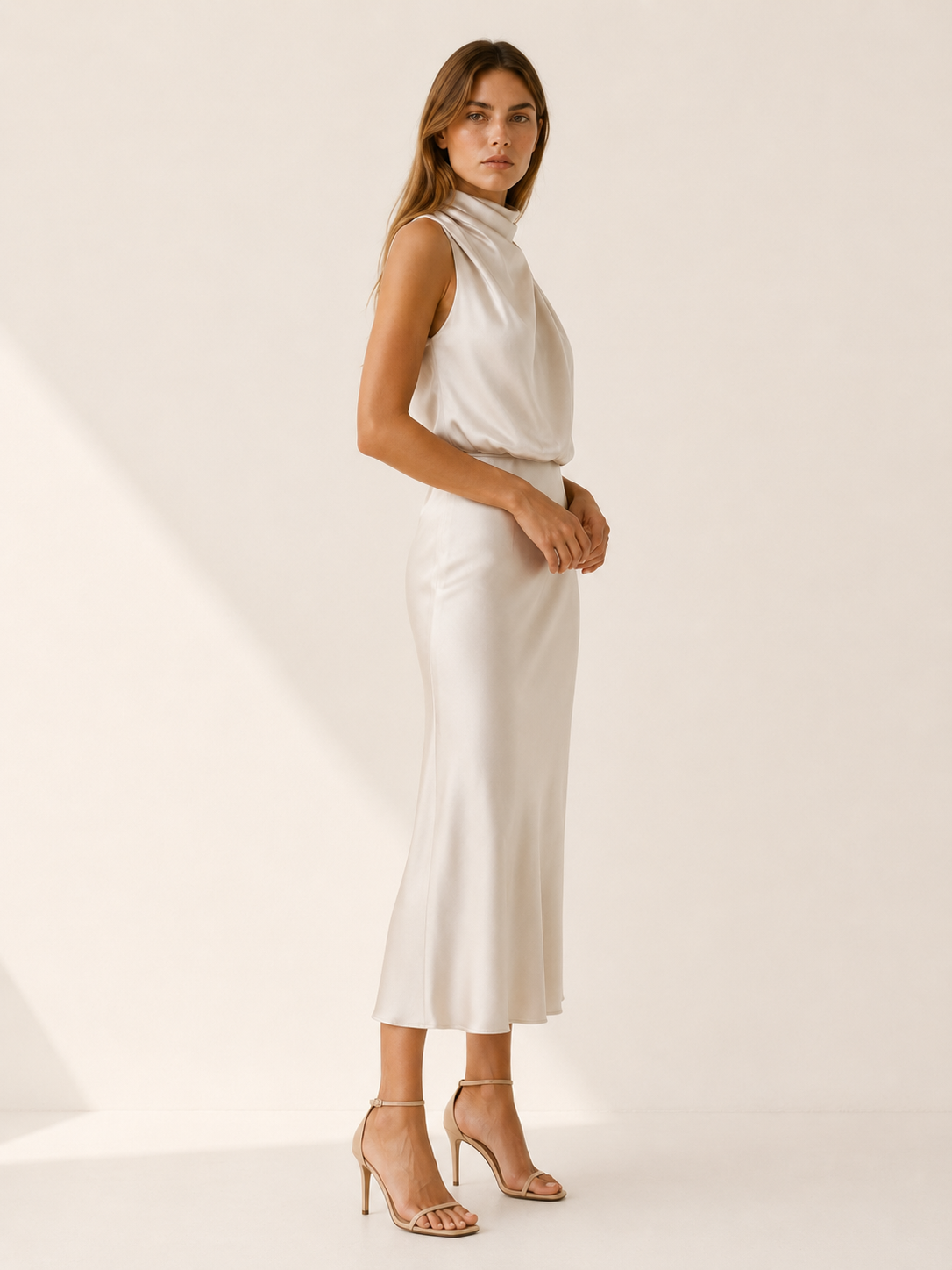 Perrine | Satin Midi Dress with High Neck and Draped Front