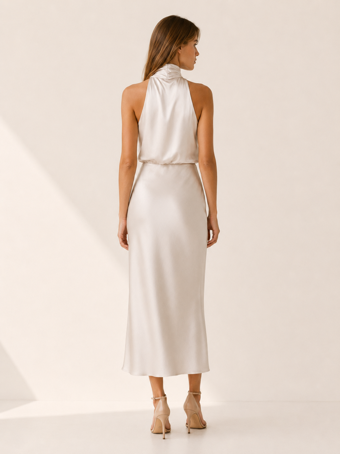 Perrine | Satin Midi Dress with High Neck and Draped Front