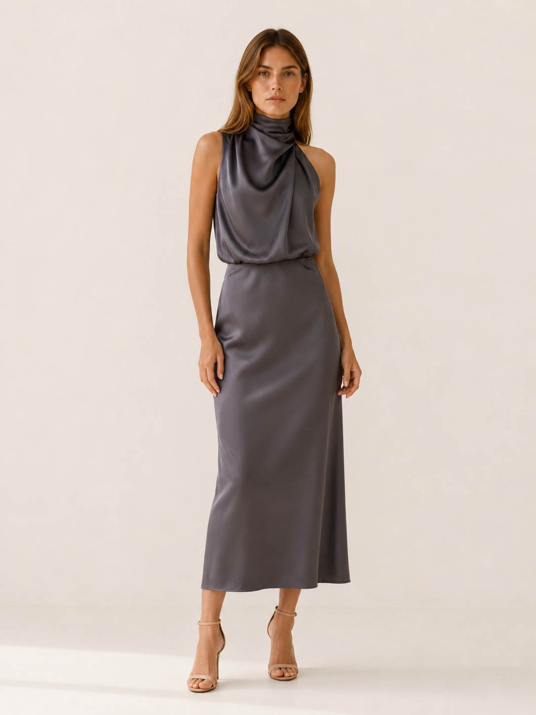 Perrine | Satin Midi Dress with High Neck and Draped Front