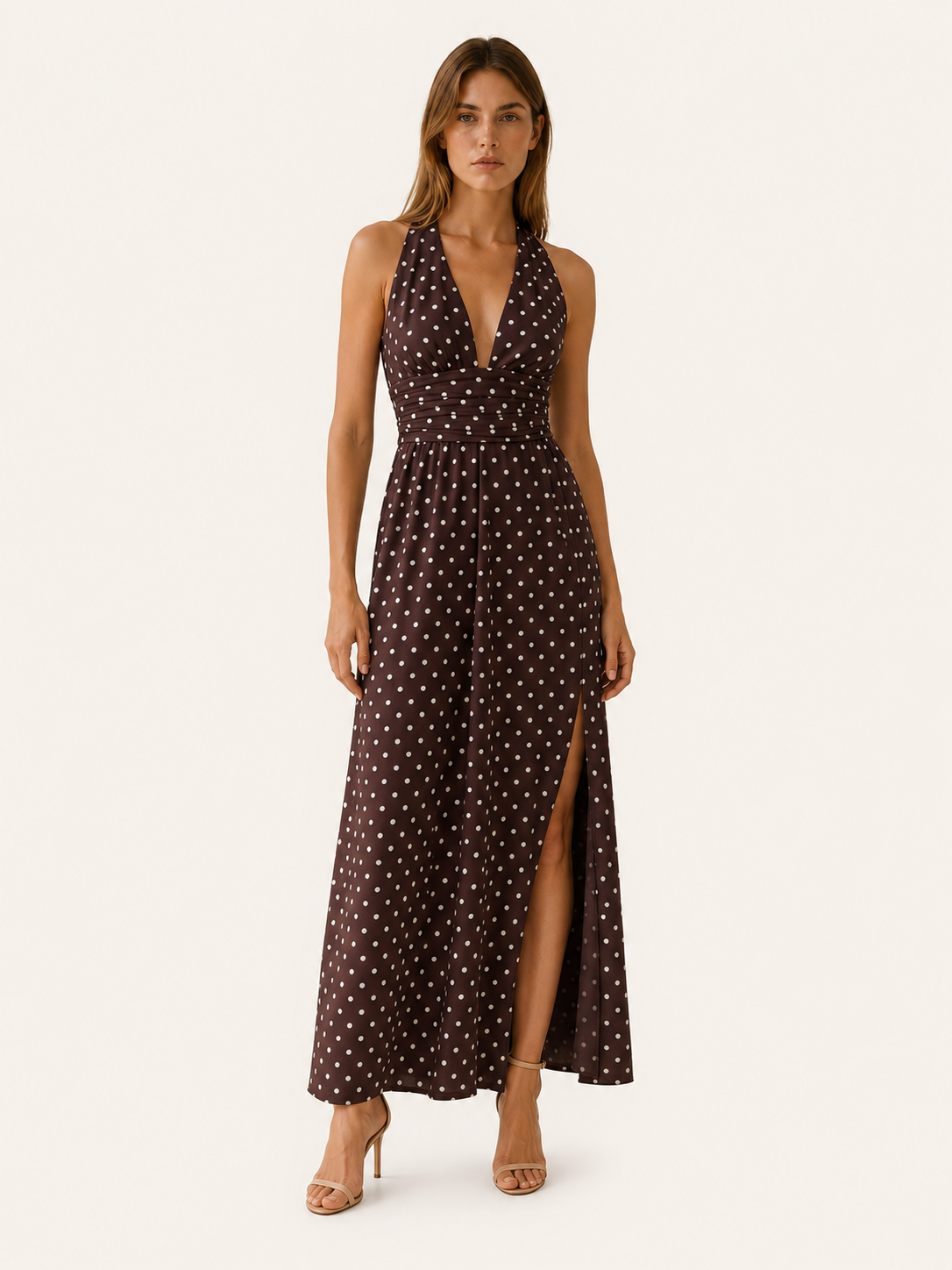 Juno | Polka Dot Maxi Dress with Halter Neck Smocked Bodice