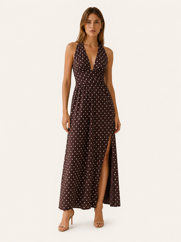 Juno | Polka Dot Maxi Dress with Halter Neck Smocked Bodice