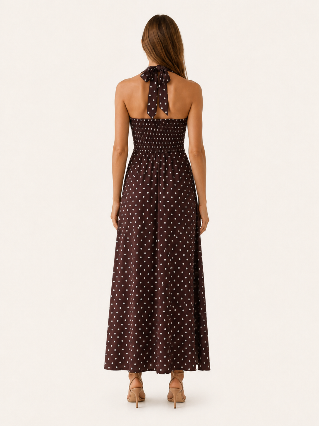 Juno | Polka Dot Maxi Dress with Halter Neck Smocked Bodice
