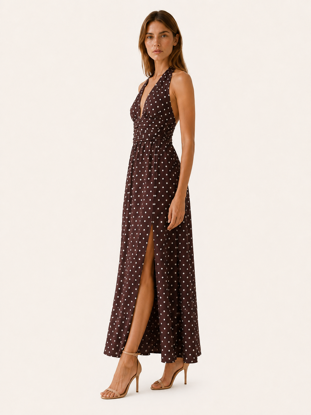 Juno | Polka Dot Maxi Dress with Halter Neck Smocked Bodice