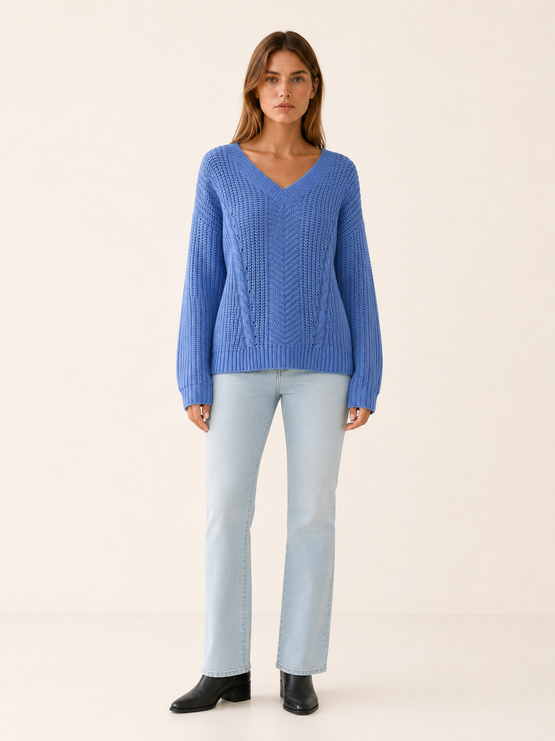 Prynella | V Neck Jumper with Textured Pattern and Relaxed Fit