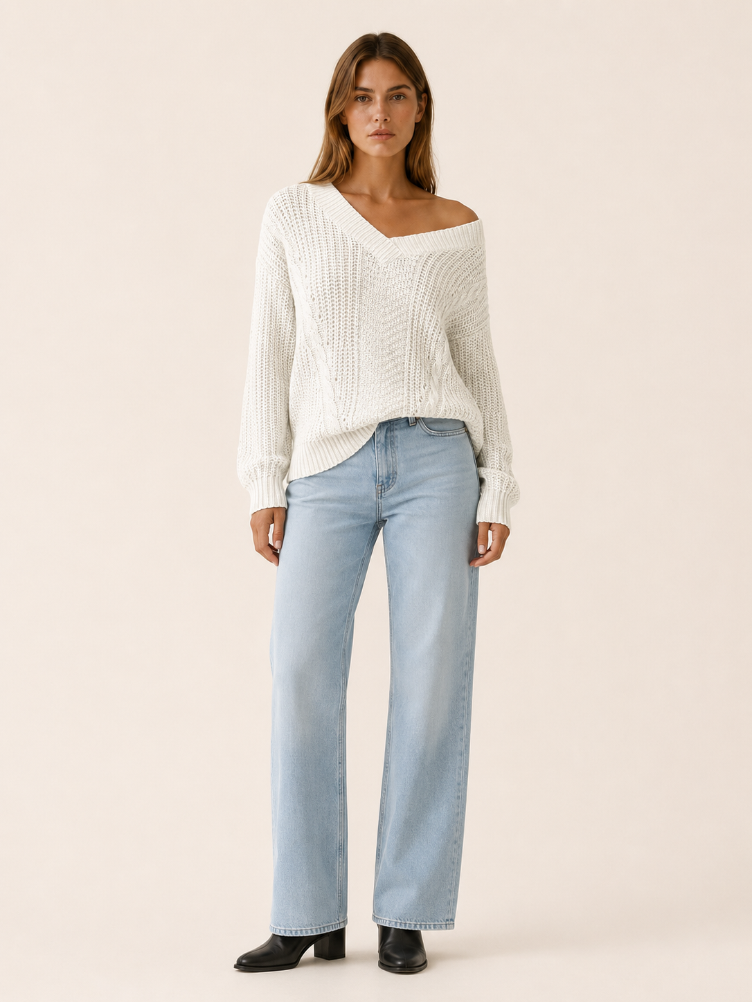 Prynella | V Neck Jumper with Textured Pattern and Relaxed Fit