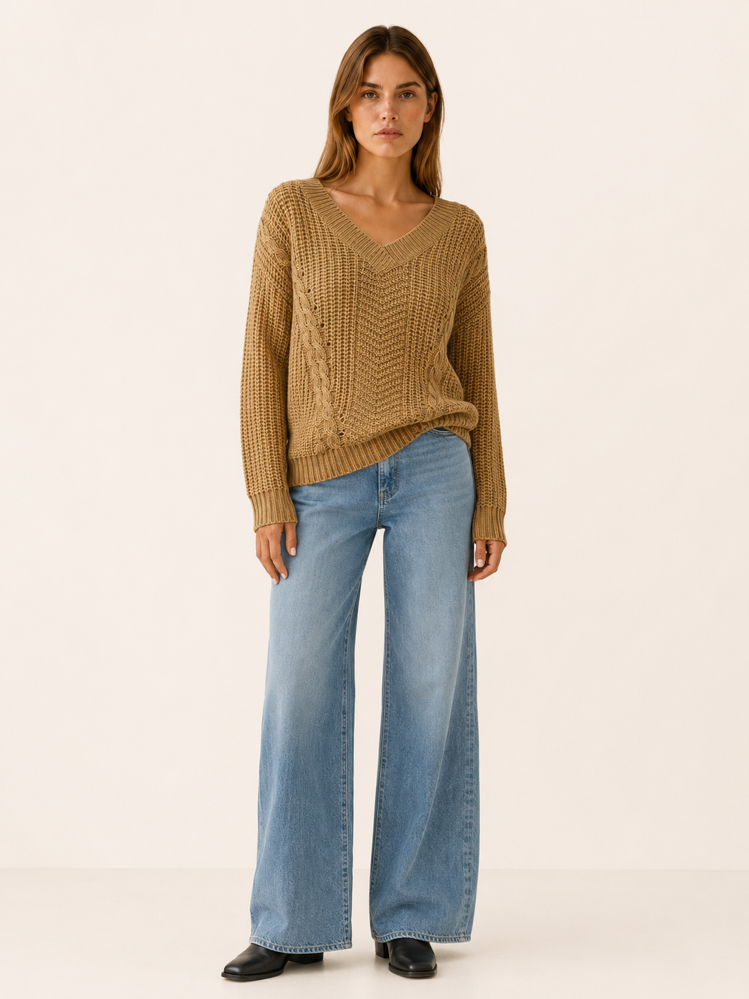 Prynella | V Neck Jumper with Textured Pattern and Relaxed Fit