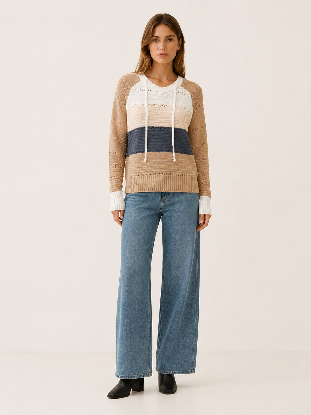 Quenessa | Sweater Hoodie with Drawstring Hood and Textured Panels