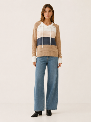 Quenessa | Sweater Hoodie with Drawstring Hood and Textured Panels