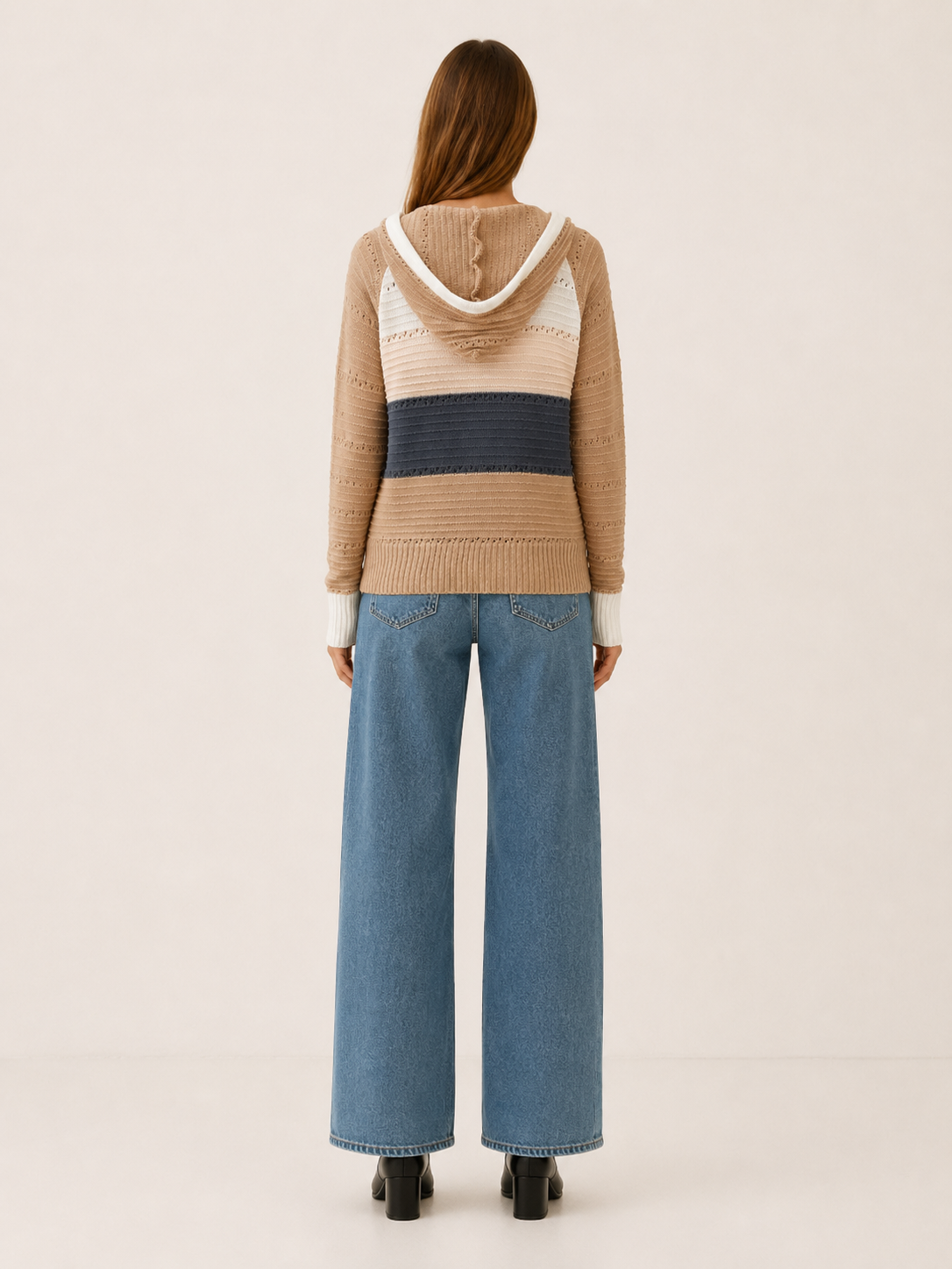 Quenessa | Sweater Hoodie with Drawstring Hood and Textured Panels