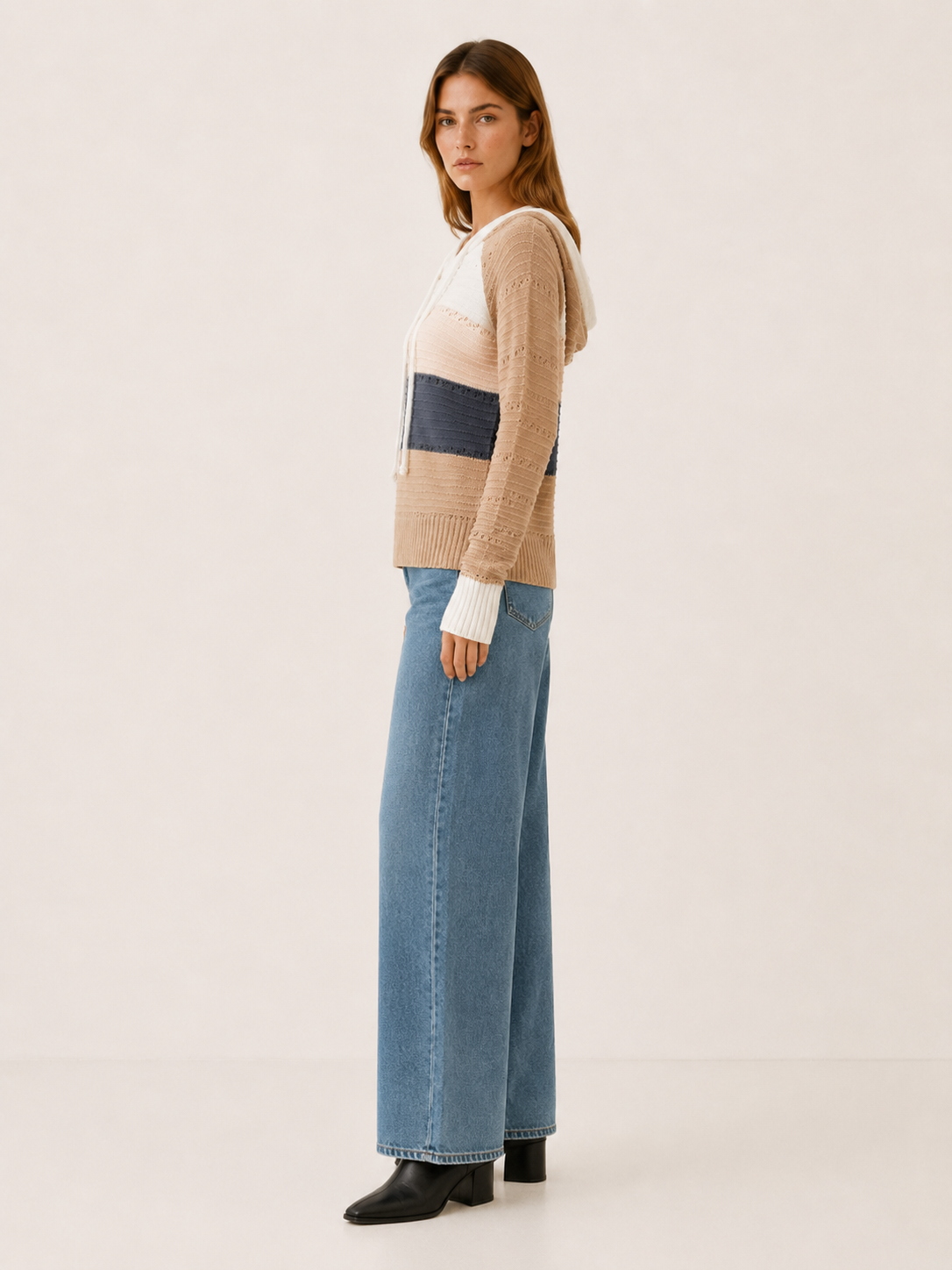 Quenessa | Sweater Hoodie with Drawstring Hood and Textured Panels