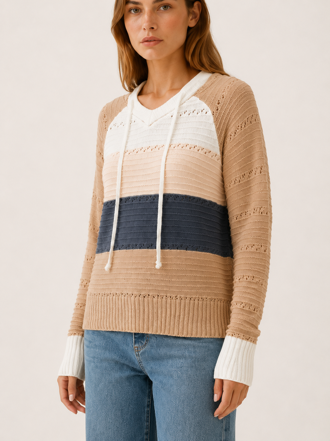 Quenessa | Sweater Hoodie with Drawstring Hood and Textured Panels