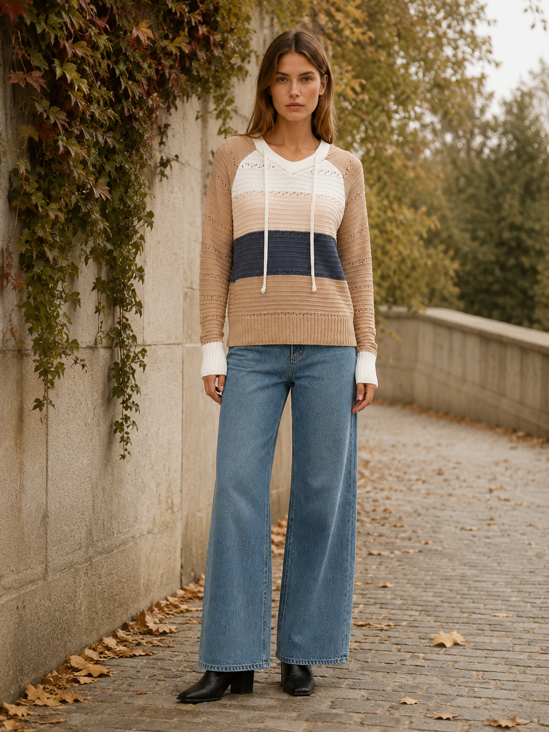 Quenessa | Sweater Hoodie with Drawstring Hood and Textured Panels