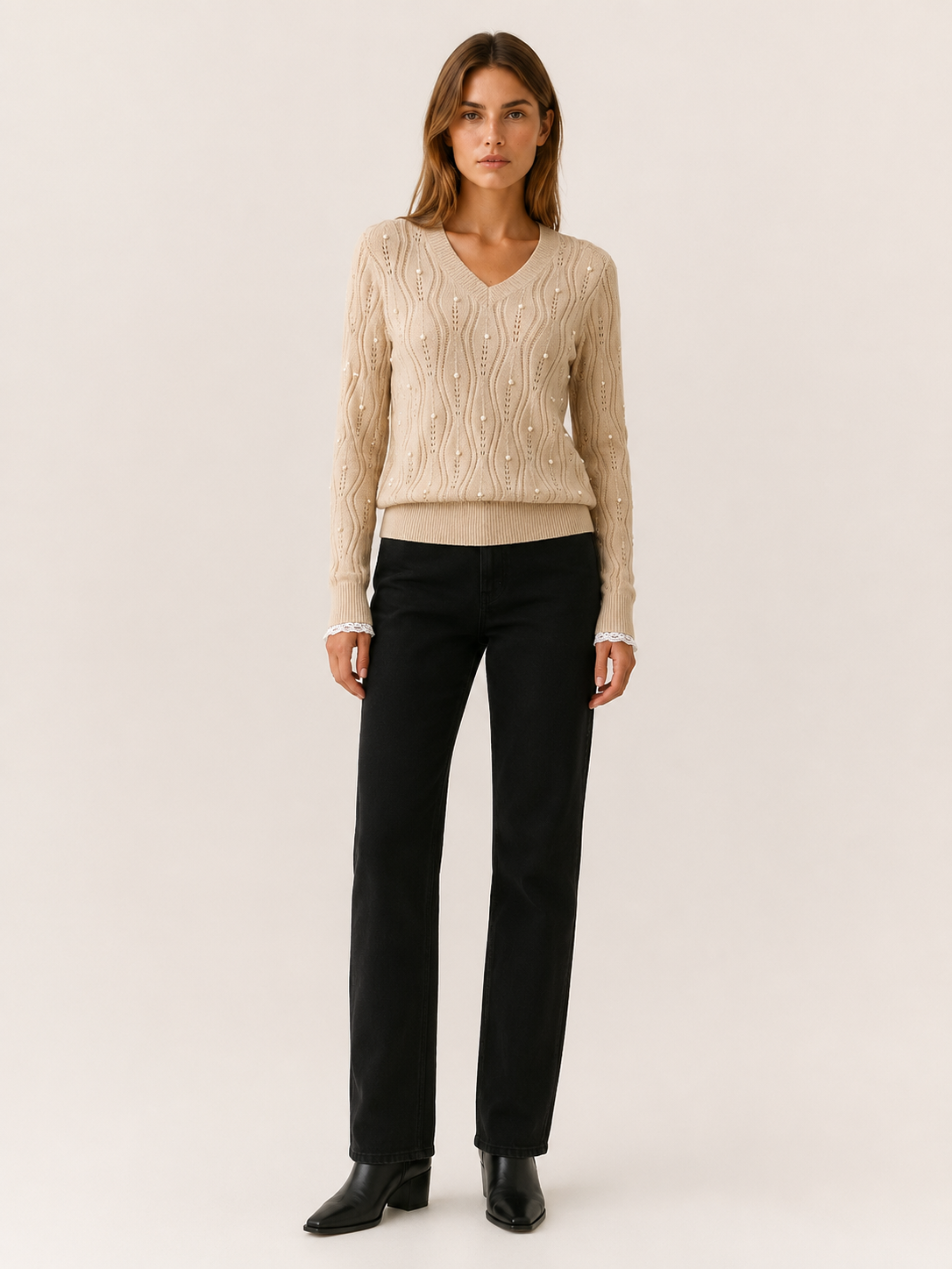 Quessara | V Neck Sweater with Pearl Detail