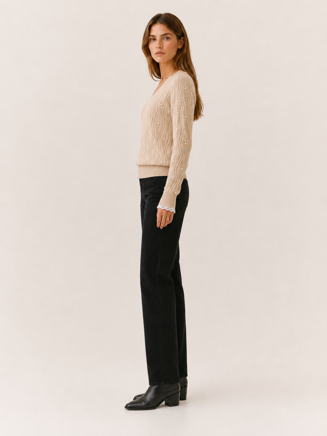Quessara | V Neck Sweater with Pearl Detail