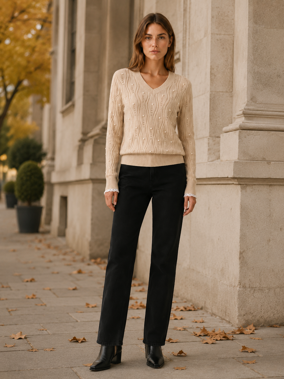 Quessara | V Neck Sweater with Pearl Detail