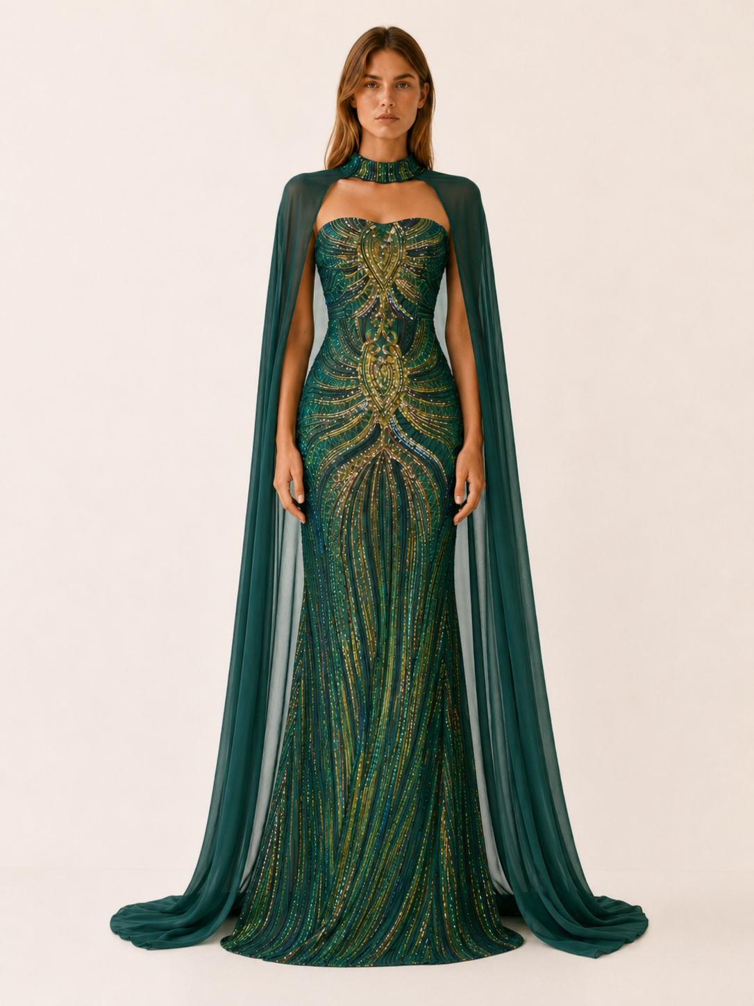 Quivra | Sequin Mermaid Dress with Cape Detail