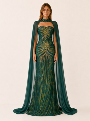 Quivra | Sequin Mermaid Dress with Cape Detail
