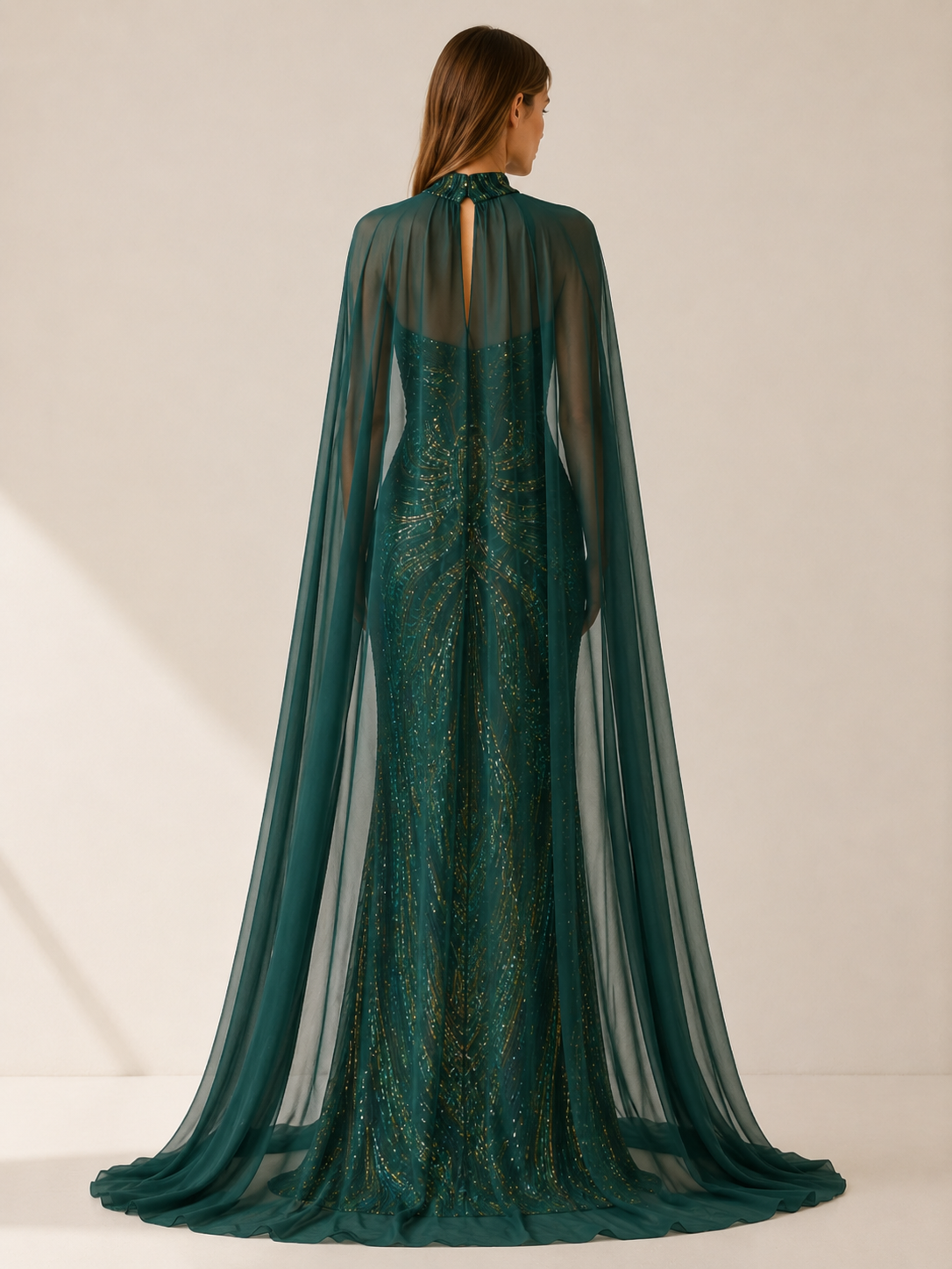 Quivra | Sequin Mermaid Dress with Cape Detail