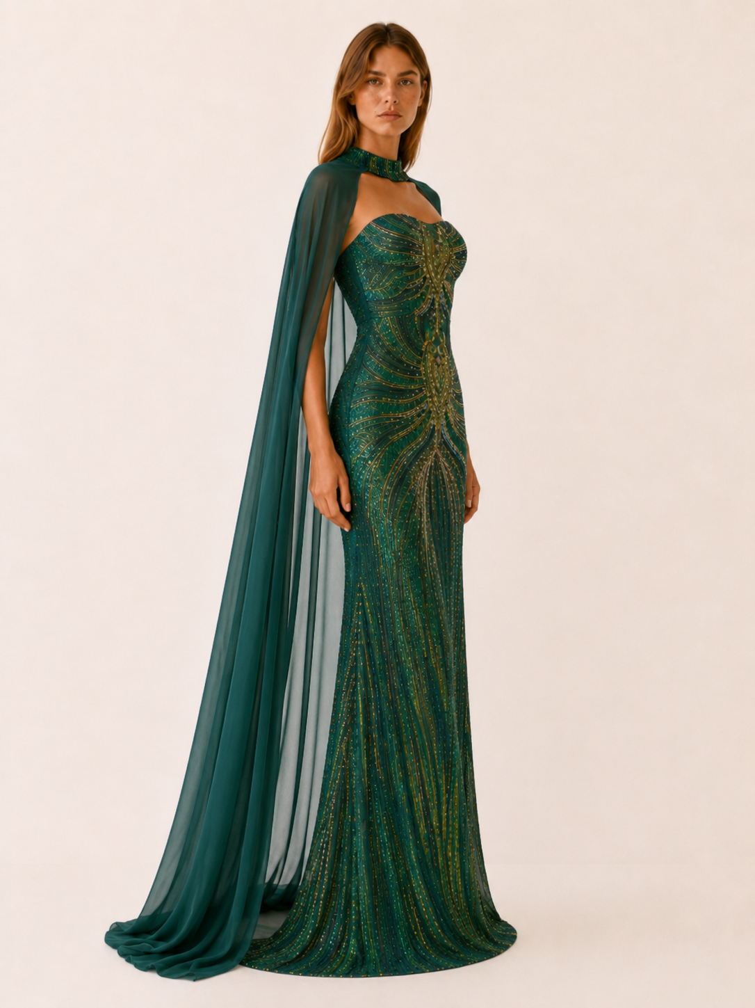 Quivra | Sequin Mermaid Dress with Cape Detail