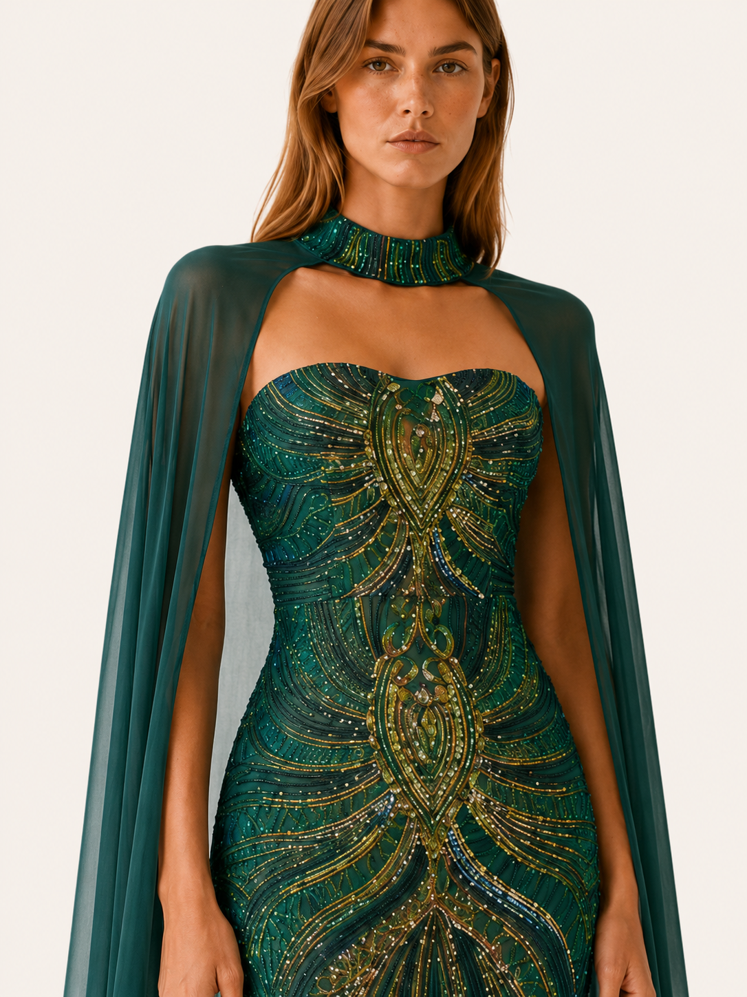 Quivra | Sequin Mermaid Dress with Cape Detail