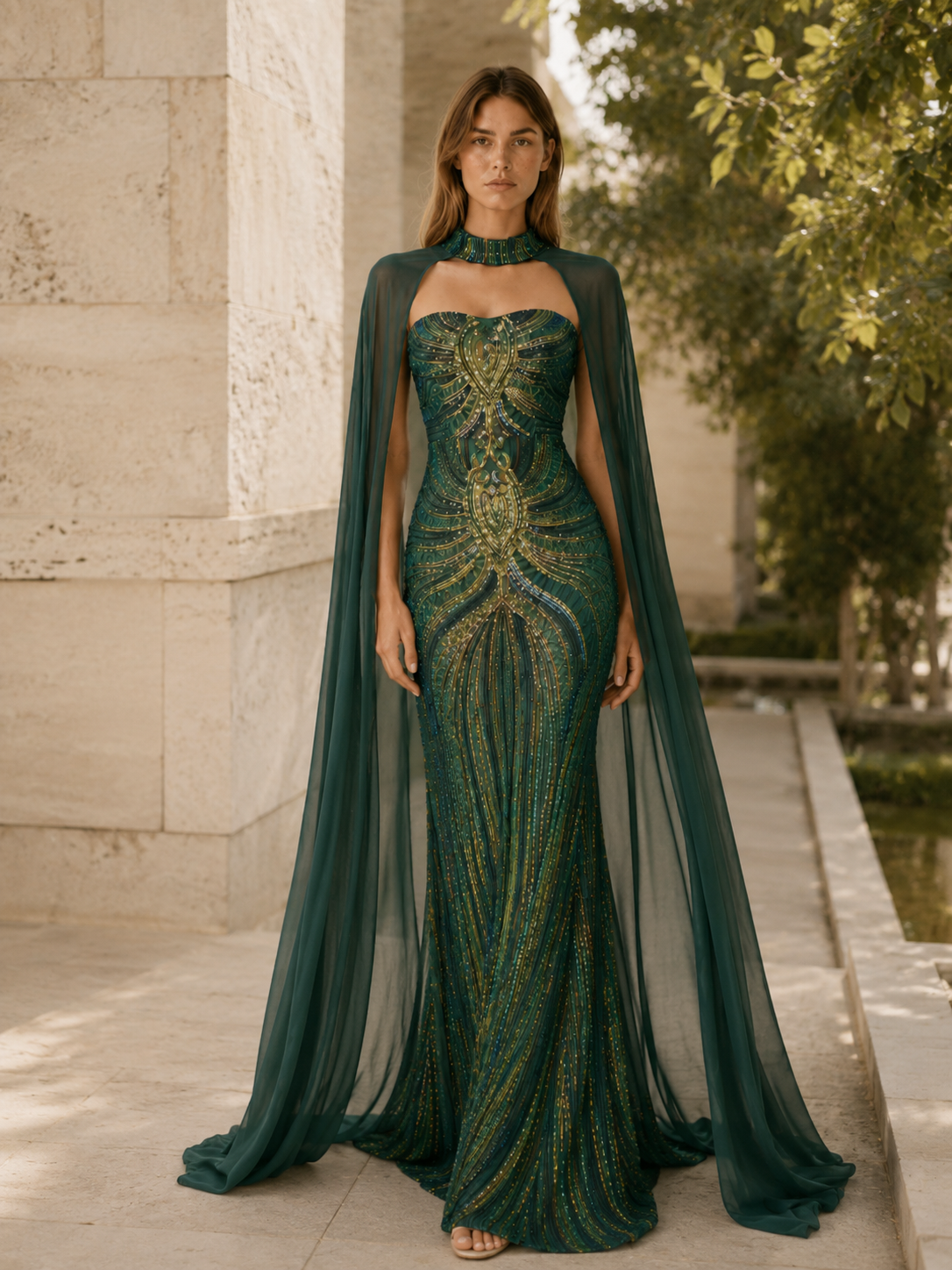 Quivra | Sequin Mermaid Dress with Cape Detail