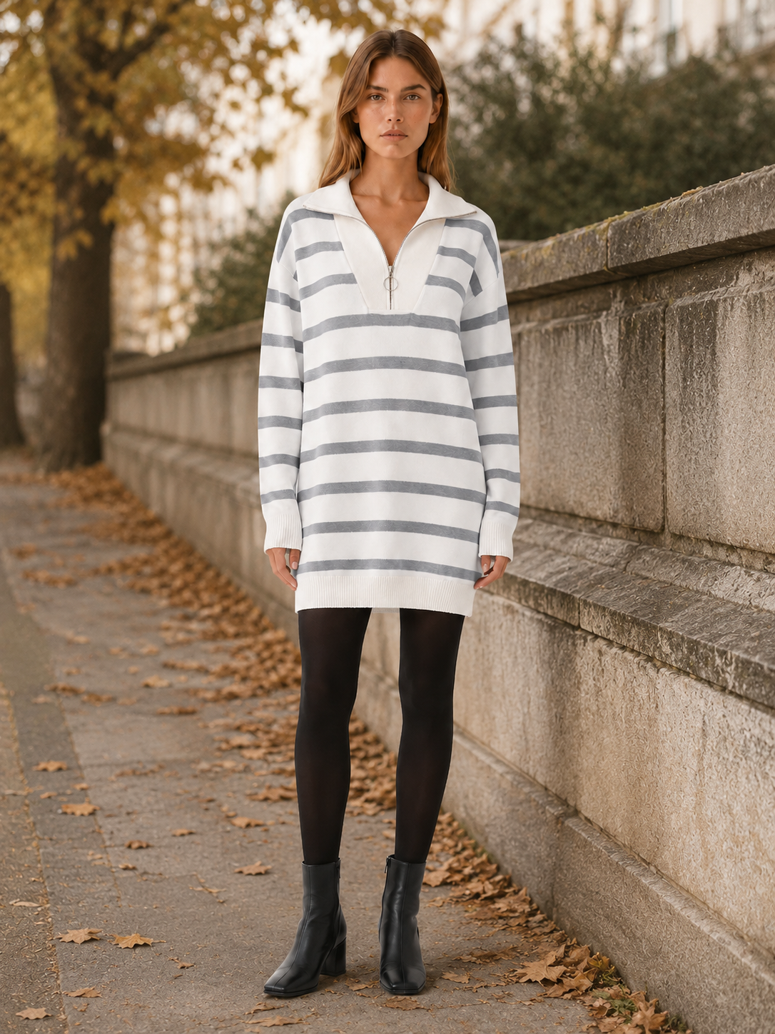 Ravessia | Jumper Dress with Quarter Zip and Striped Detail